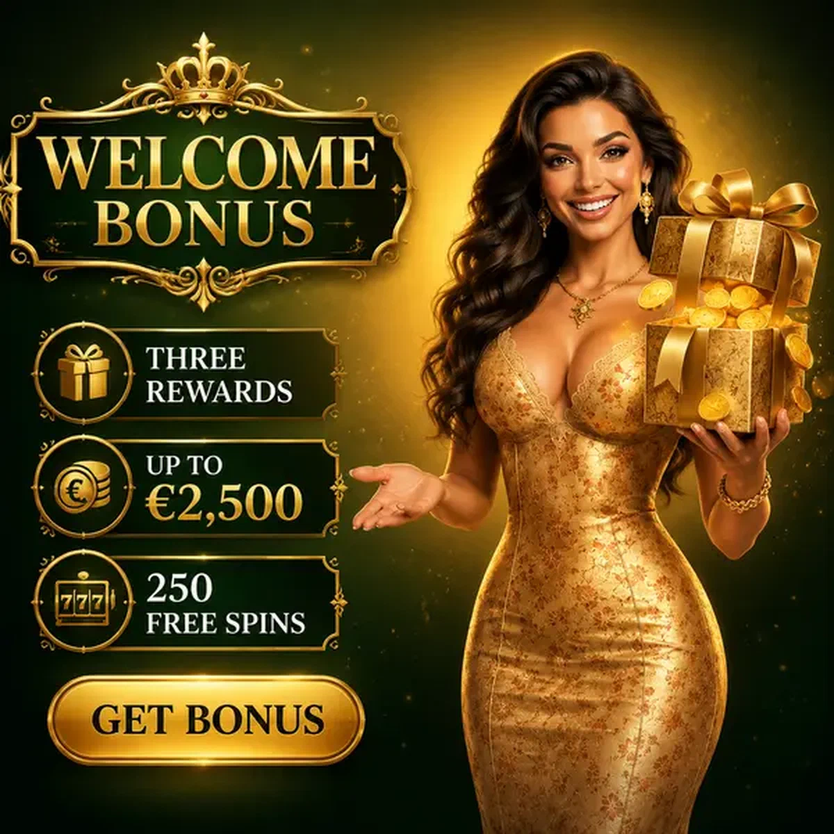 Elegante koningin presenteert Vipzino welkomstbonus geschenkdoos met gouden munten die eruit stromen