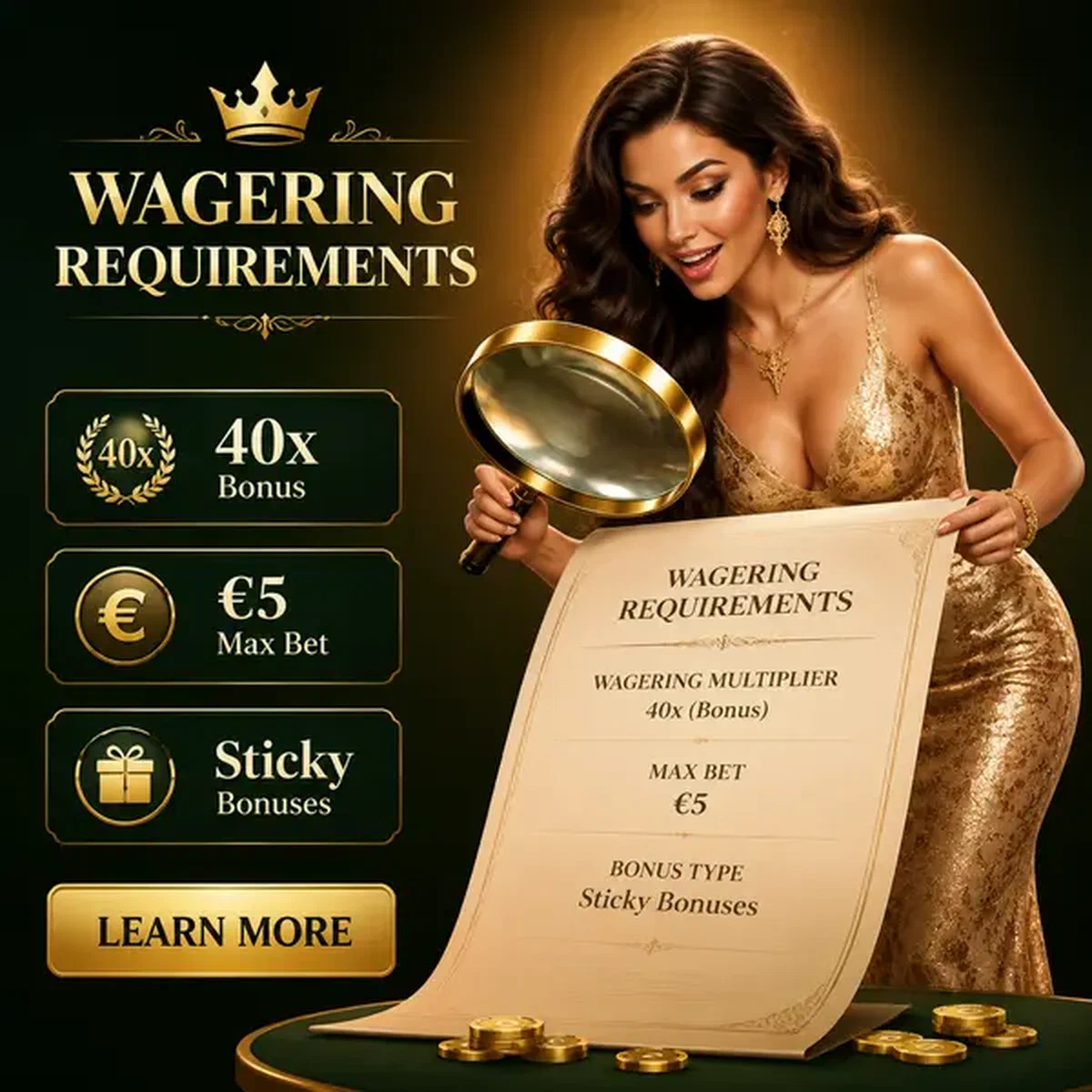 Trophy Queen onderzoekt inzetvereisten met vergrootglas bij Inzetvereisten en Game Bijdrage Logica Casino bonus hal